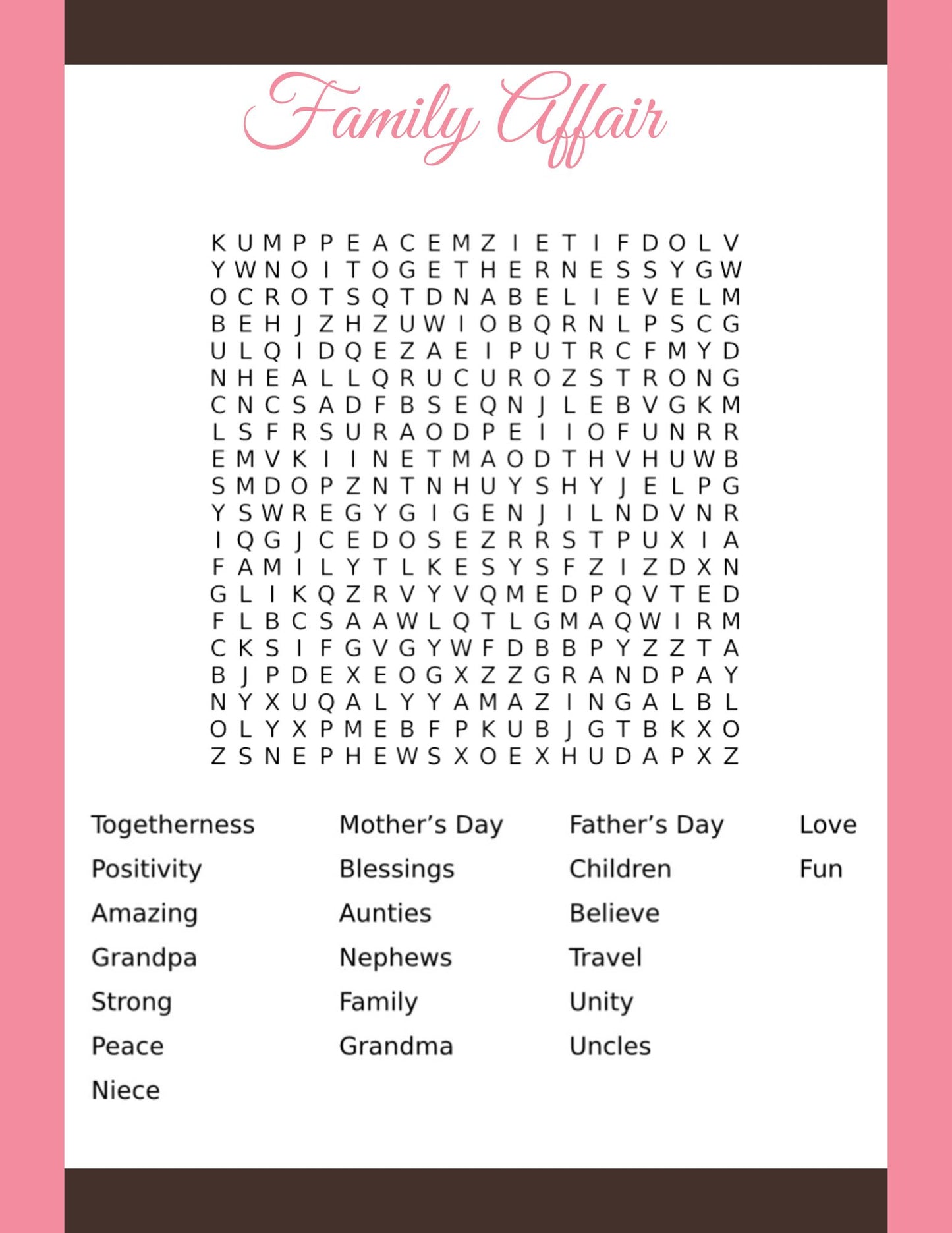 Free Family Affair Word Search