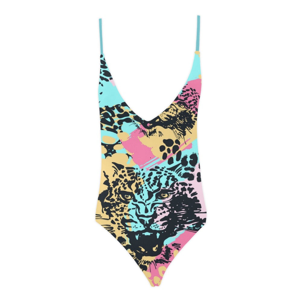 Abstract Leopard Sexy Lace Backless One-Piece Swimsuit