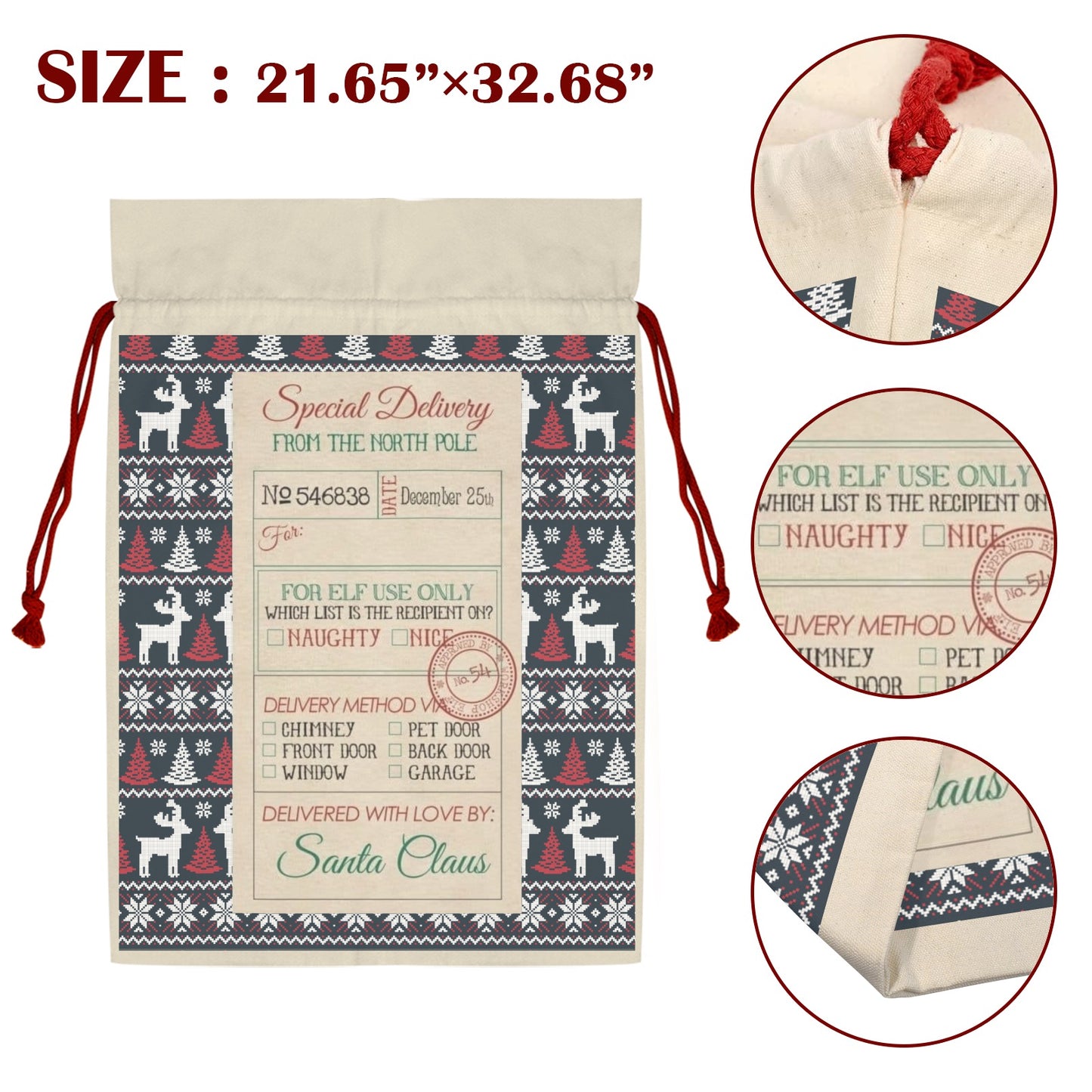 CHRISTMAS - Santa Sack Santa Claus Drawstring Bag 21"x32"