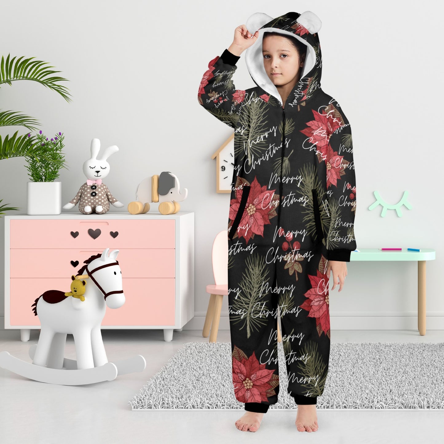 Merry Christmas One-Piece Zip Up Hooded Pajamas for Big Kids