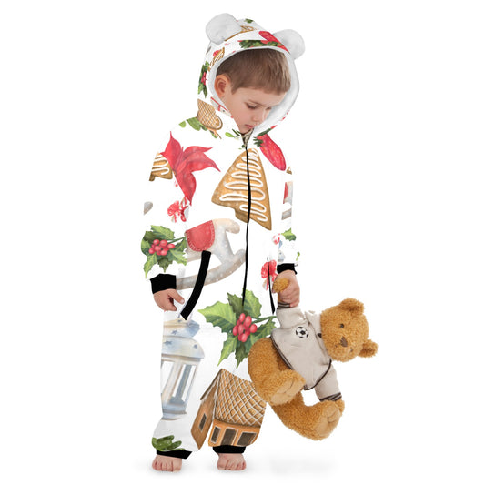 Christmas Festive One-Piece Zip up Hooded Pajamas for Little Kids