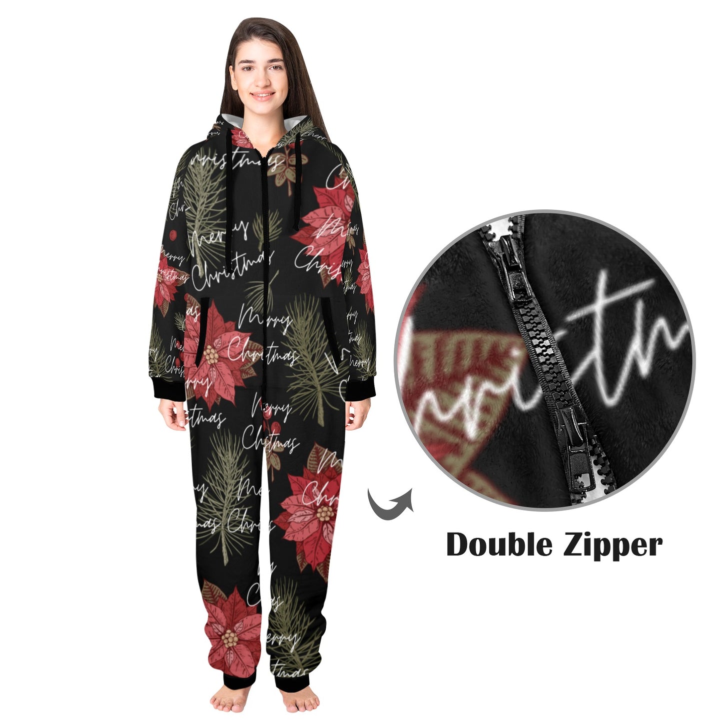 Merry Christmas Unisex One-Piece Zip Up Hooded Pajamas