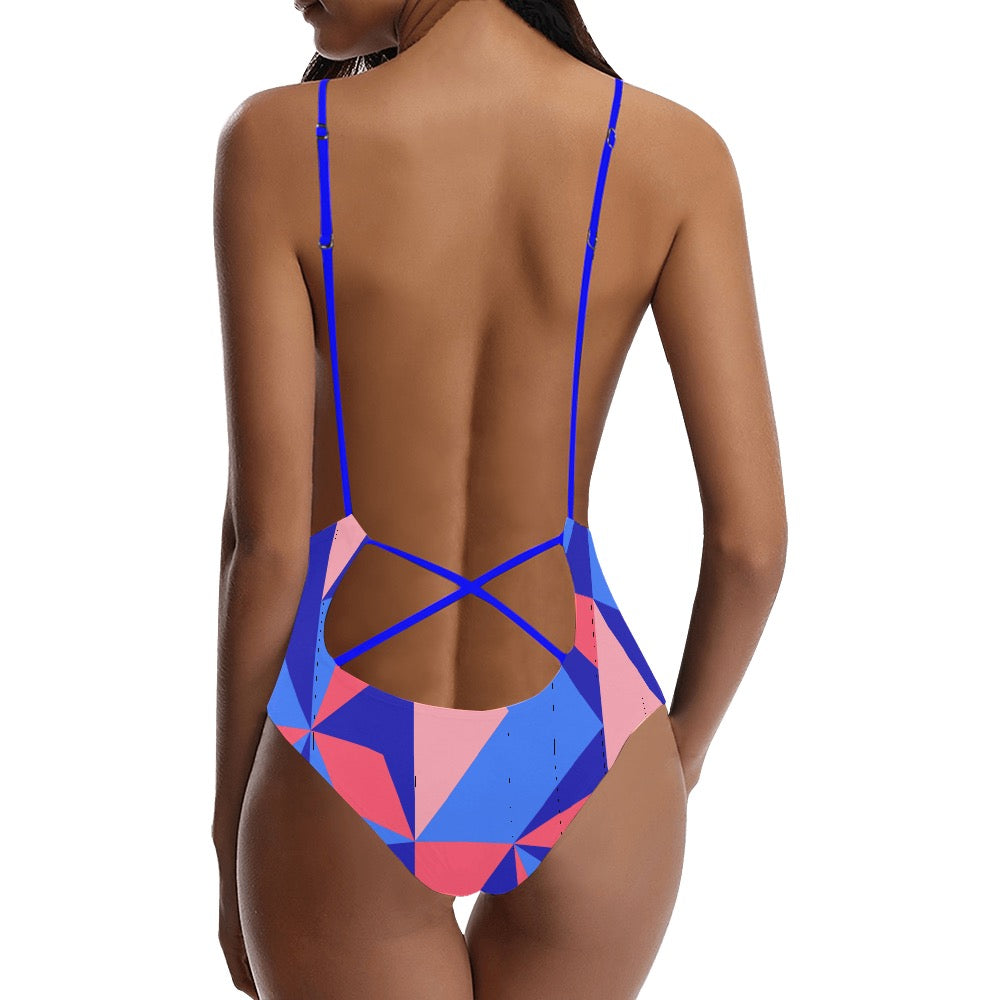 Color Abstract Sexy Lace Backless One-Piece Swimsuit