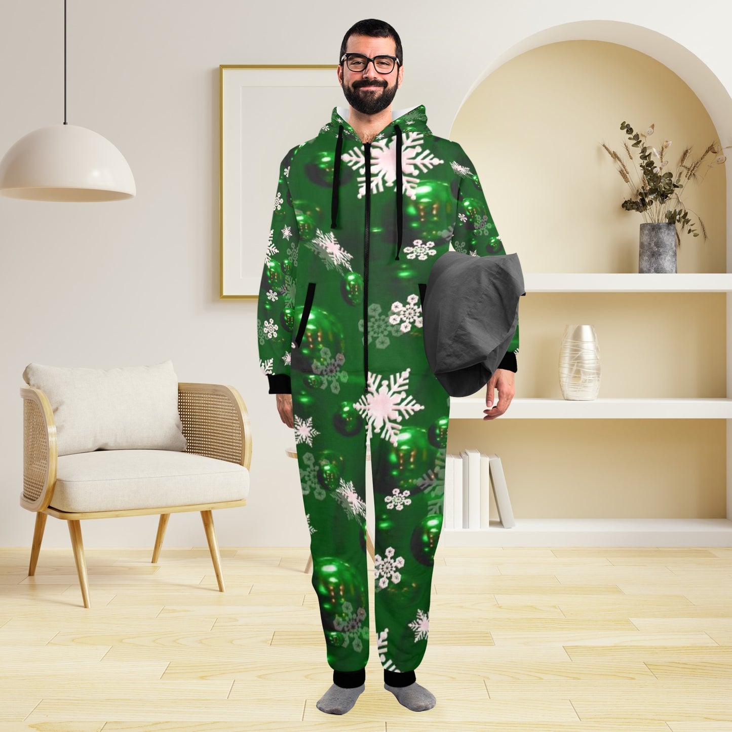 Green Bells- Christmas Unisex One-Piece Zip Up Hooded Pajamas