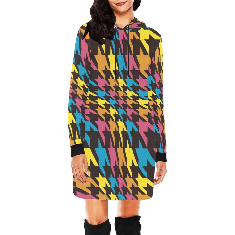 Colorful Houndstooth Hoodie Mini Dress