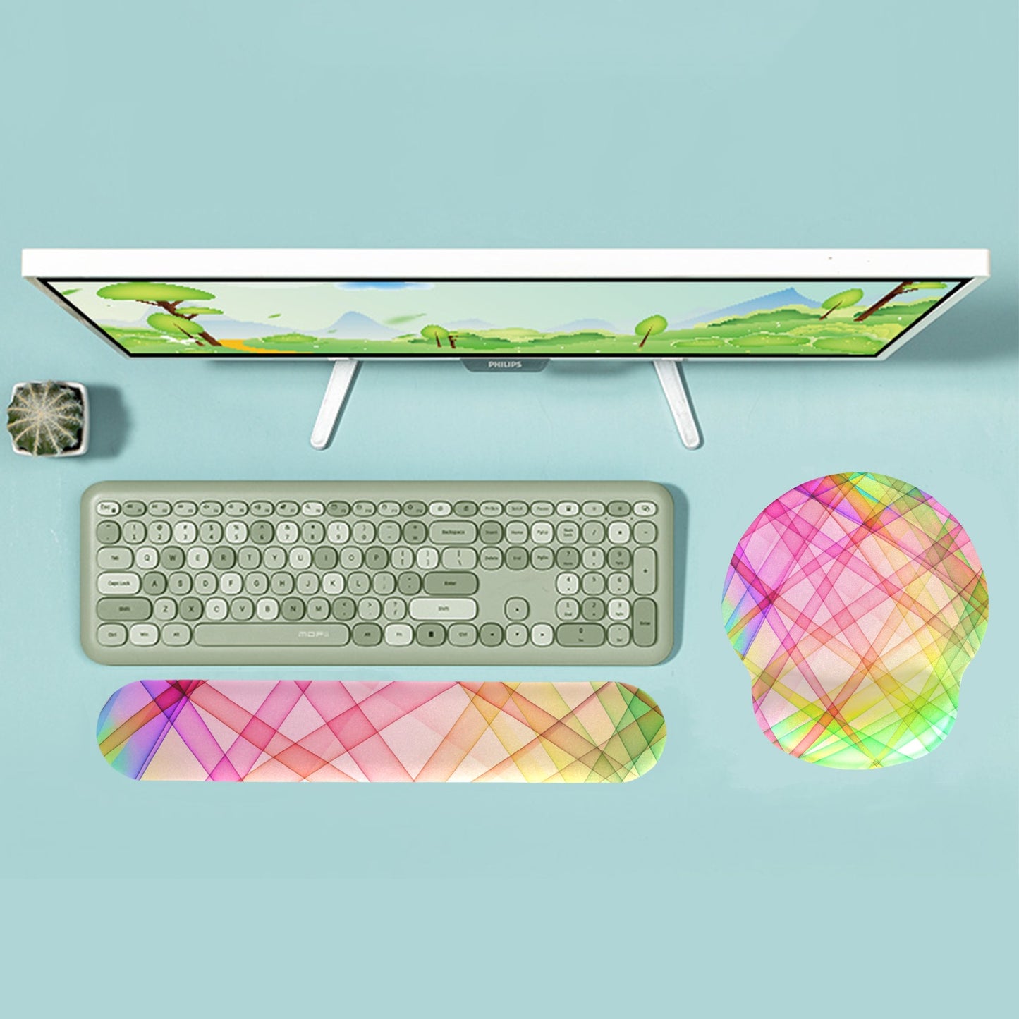 Colorful Geometric Keyboard Mouse Pad Set with Wrist Rest Support