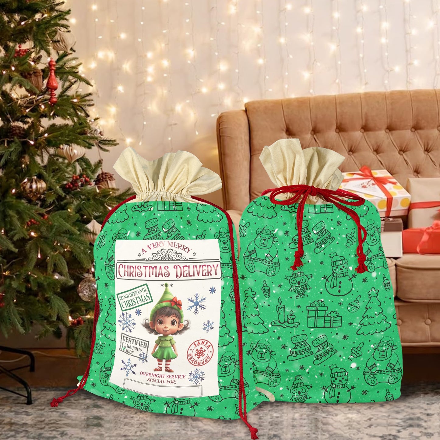 CHRISTMAS- Green Christmas Santa Claus Drawstring Bag 21"x32"