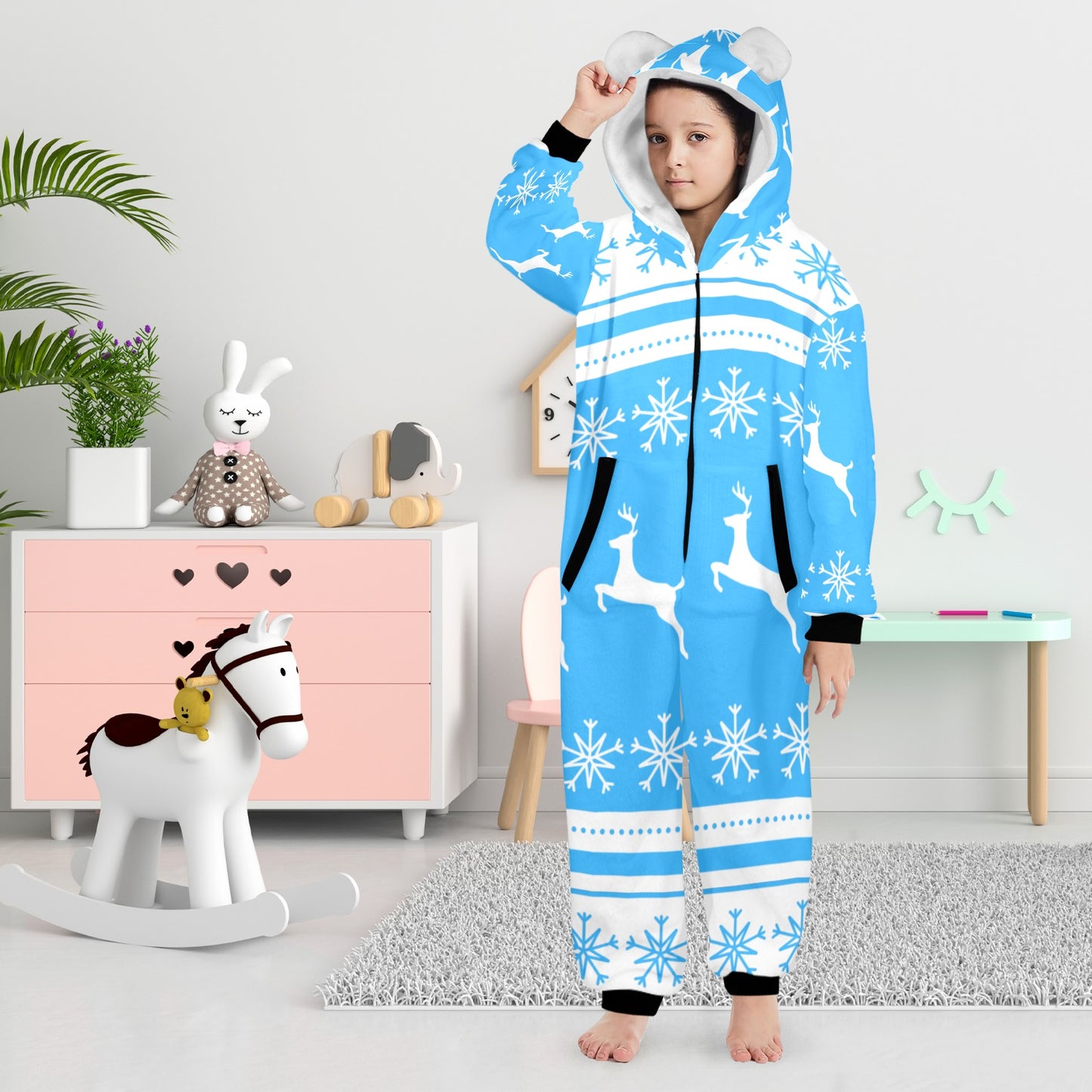 Deers In The Snow Christmas One-Piece Zip Up Hooded Pajamas for Big Kids