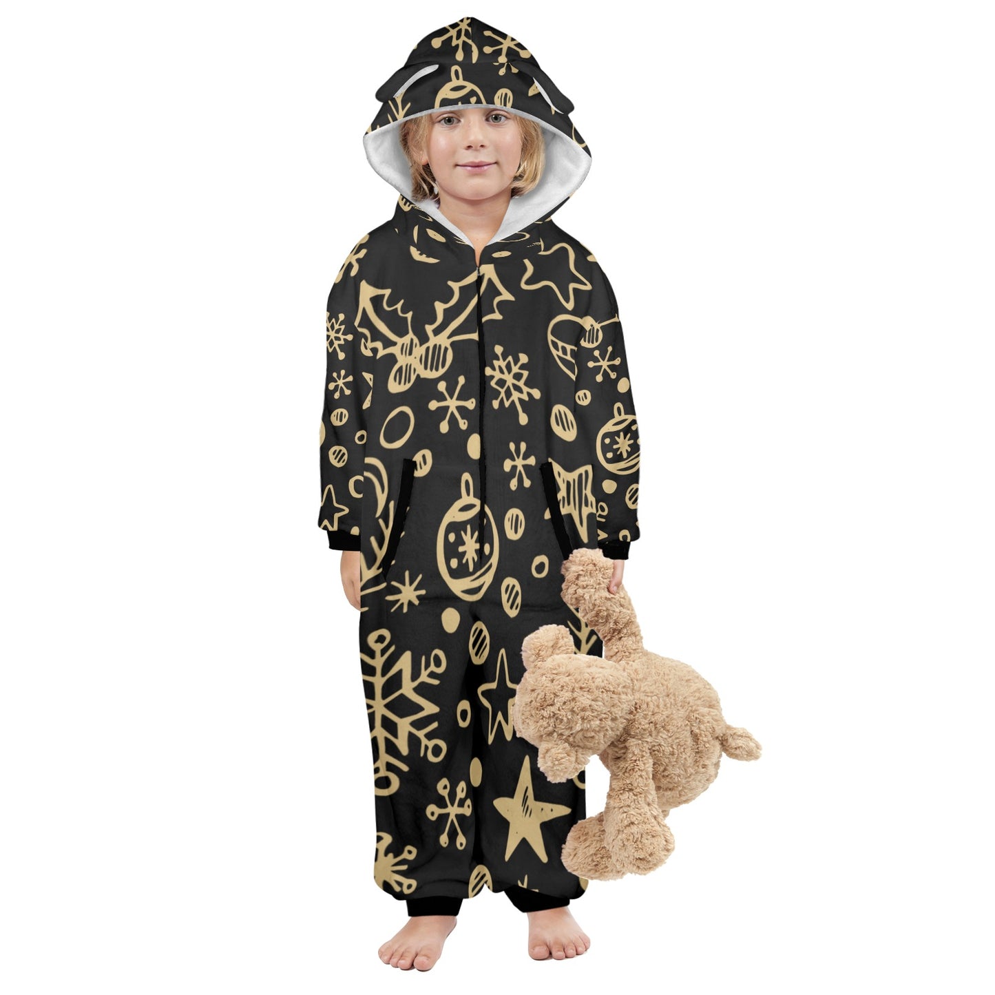 Gold Ornament Christmas One-Piece Zip up Hooded Pajamas for Little Kids