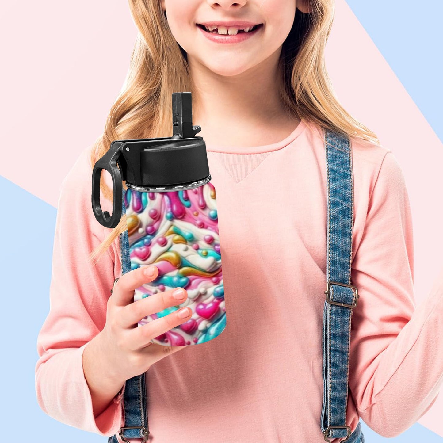 Hearts Full Valentine’s Day Kids Water Bottle with Straw Lid (12 oz)