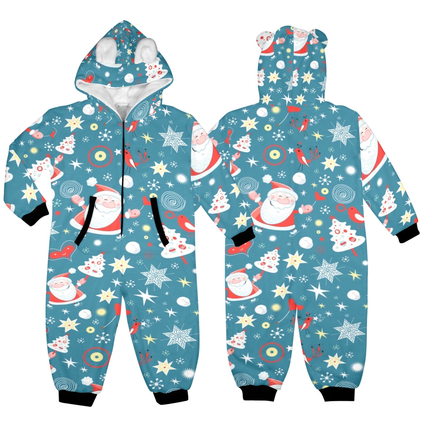 Merry Christmas One-Piece Zip up Hooded Pajamas for Little Kids