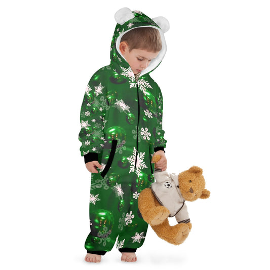 Green Bells- Christmas One-Piece Zip up Hooded Pajamas for Little Kids