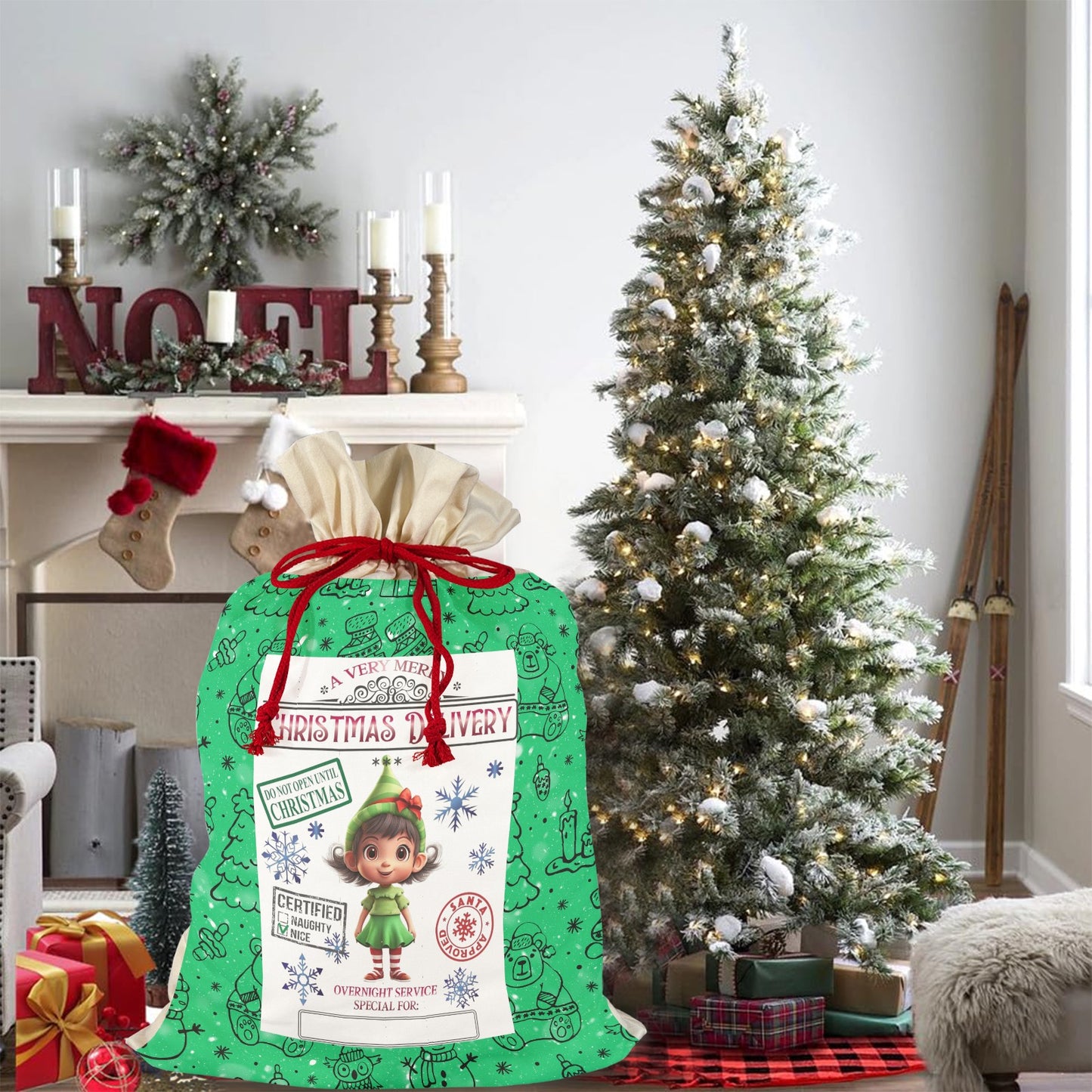 CHRISTMAS- Green Christmas Santa Claus Drawstring Bag 21"x32"