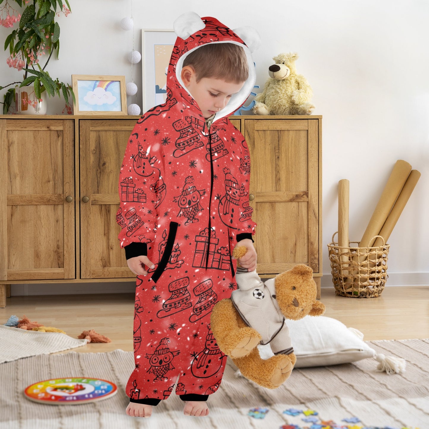 Red Christmas One-Piece Zip up Hooded Pajamas for Little Kids