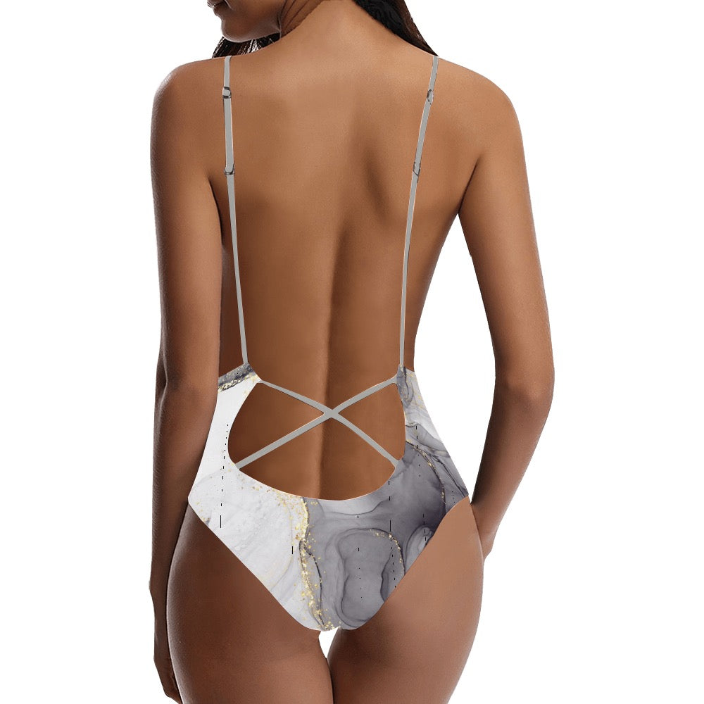 Grey Marble Sexy Lace Backless One-Piece Swimsuit