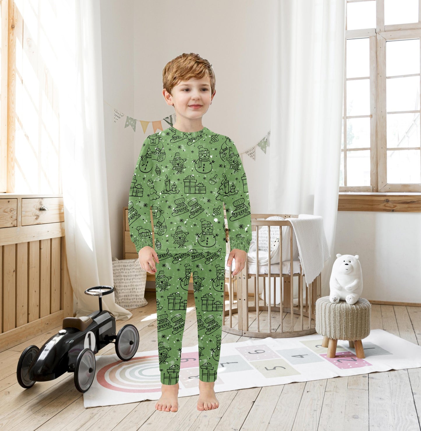 Green Christmas Little Kids' Crew Neck Long Pajama Set