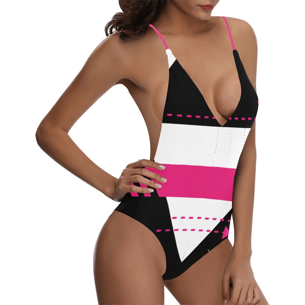 Pink and Black Sexy Lace Backless One-Piece Swimsuit