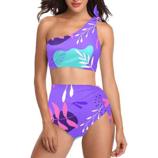 Purple Palm One Shoulder Bikini Set