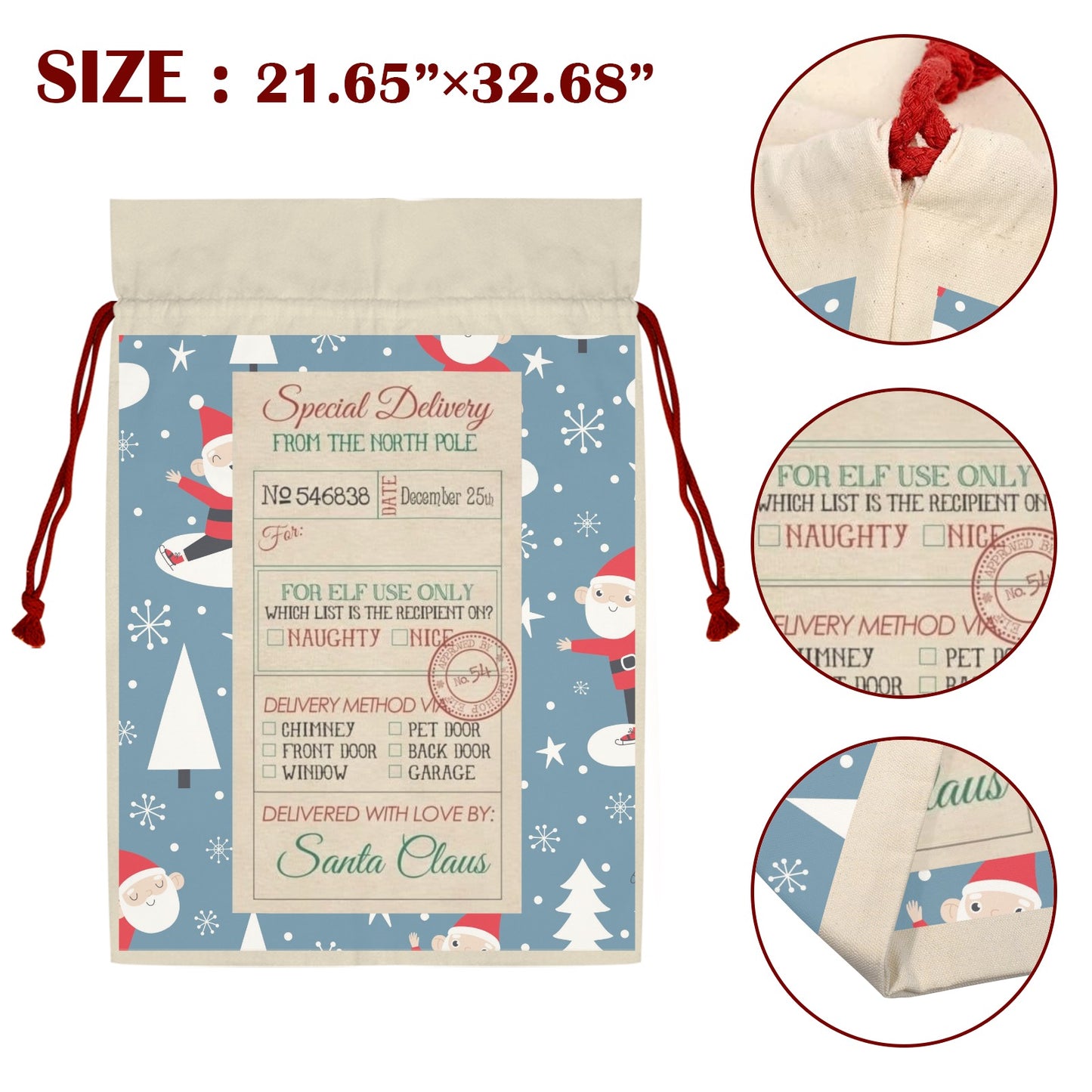 CHRISTMAS - Santa Sack Santa Claus Drawstring Bag 21"x32"