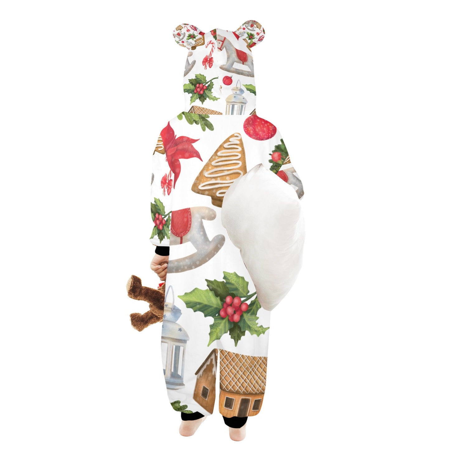 Christmas Festive One-Piece Zip up Hooded Pajamas for Little Kids