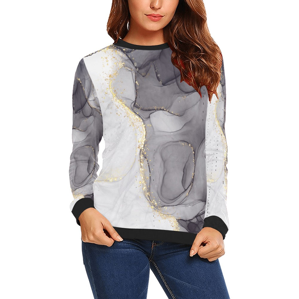 Black & Gray Marble Crewneck Sweatshirt for Women