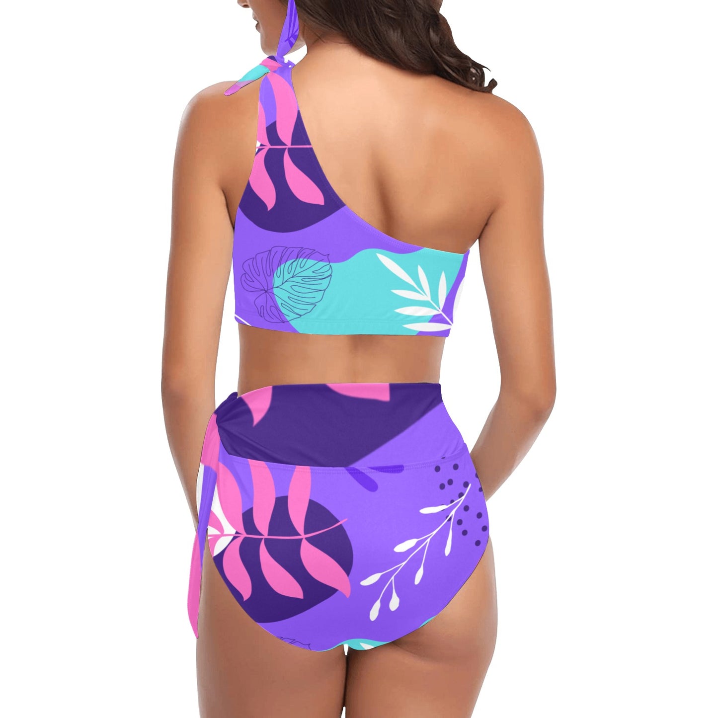 Purple Palm One Shoulder Bikini Set