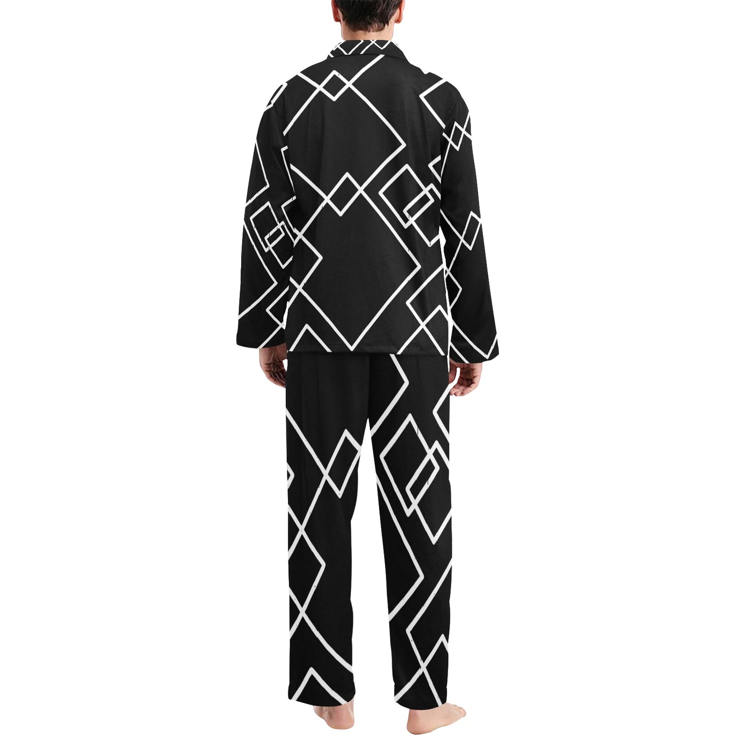 Black Squared Men's V-Neck Long Pajama Set