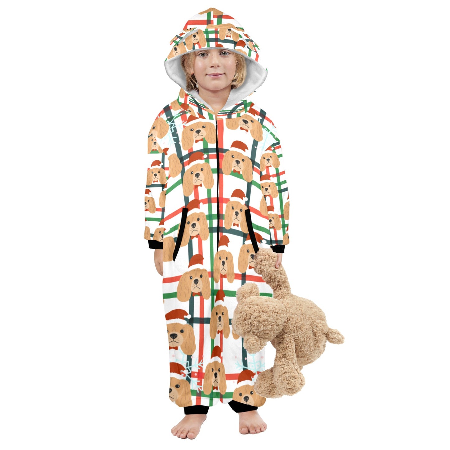 Santa Dog Christmas One-Piece Zip up Hooded Pajamas for Little Kids