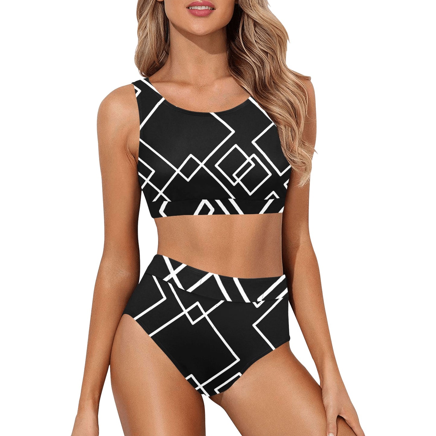 Black Squared Crop Top Bikini Set