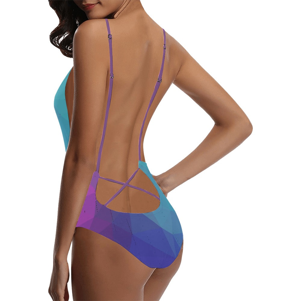 Blue Purple Sexy Lace Backless One-Piece Swimsuit