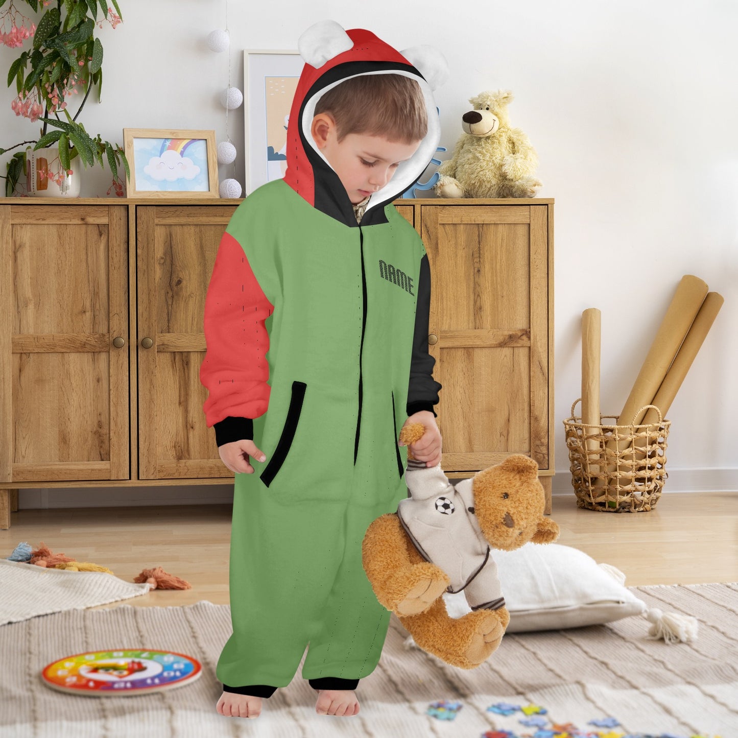 Little Claus- Christmas One-Piece Zip up Hooded Pajamas for Little Kids