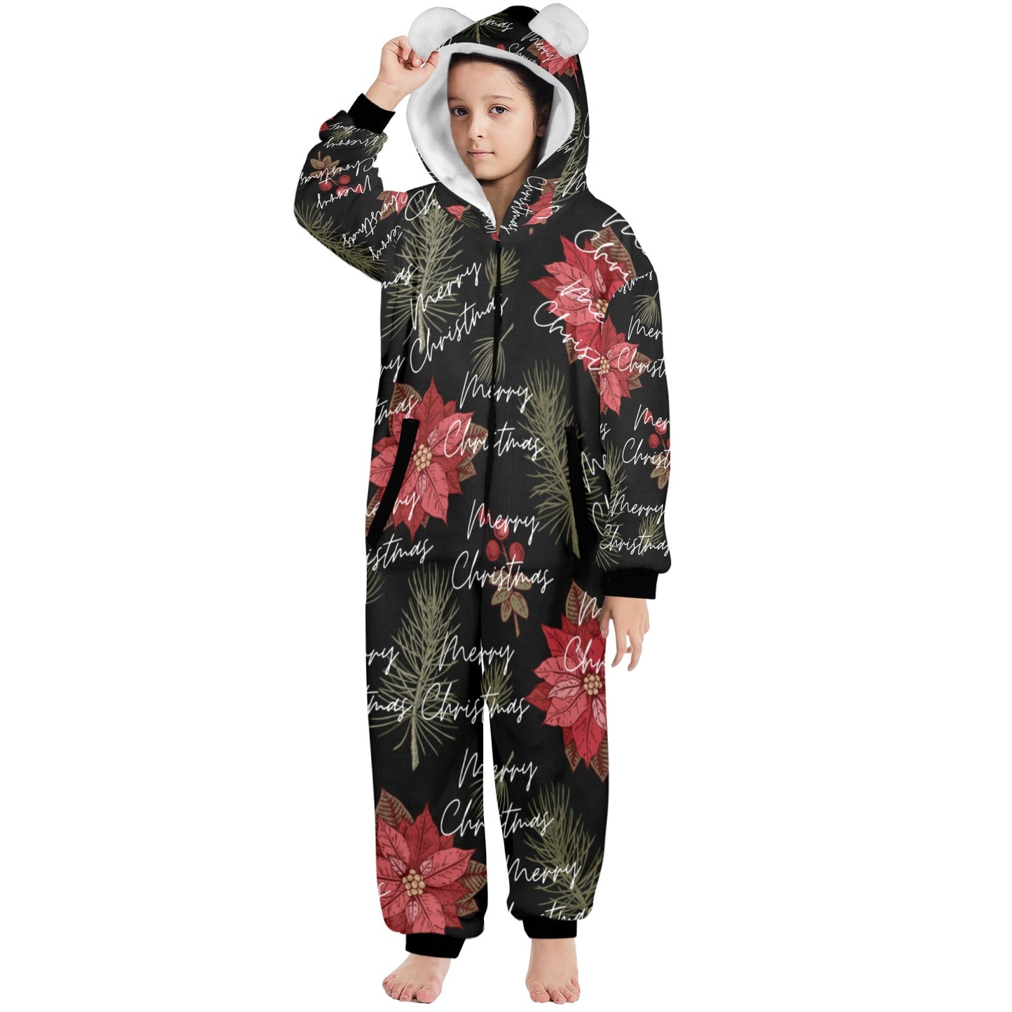 Merry Christmas One-Piece Zip Up Hooded Pajamas for Big Kids