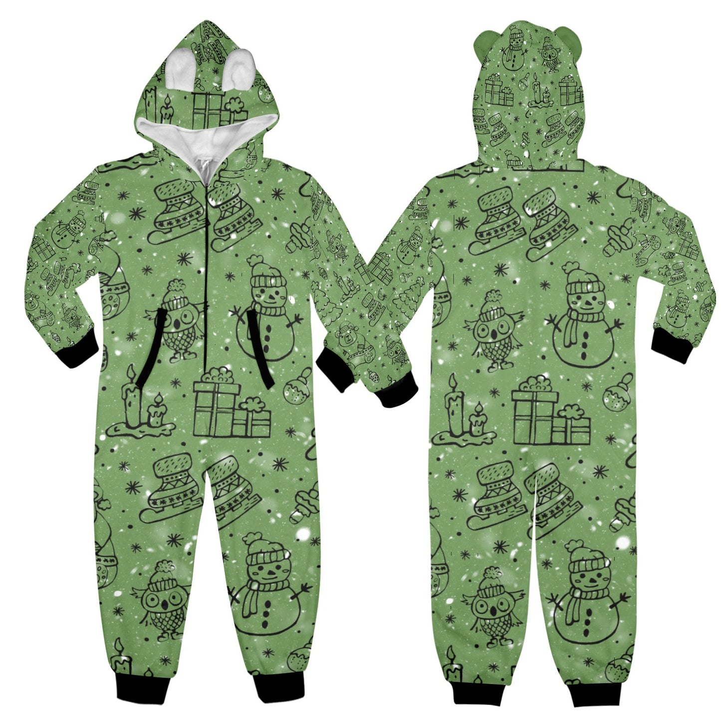 Green Christmas One-Piece Zip Up Hooded Pajamas for Big Kids