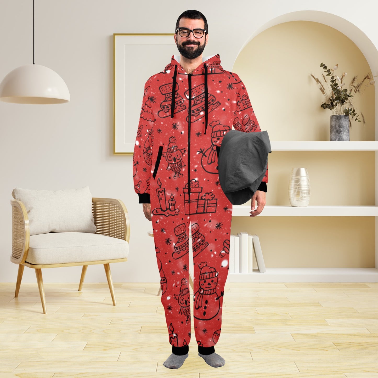 Red Christmas Unisex One-Piece Zip Up Hooded Pajamas