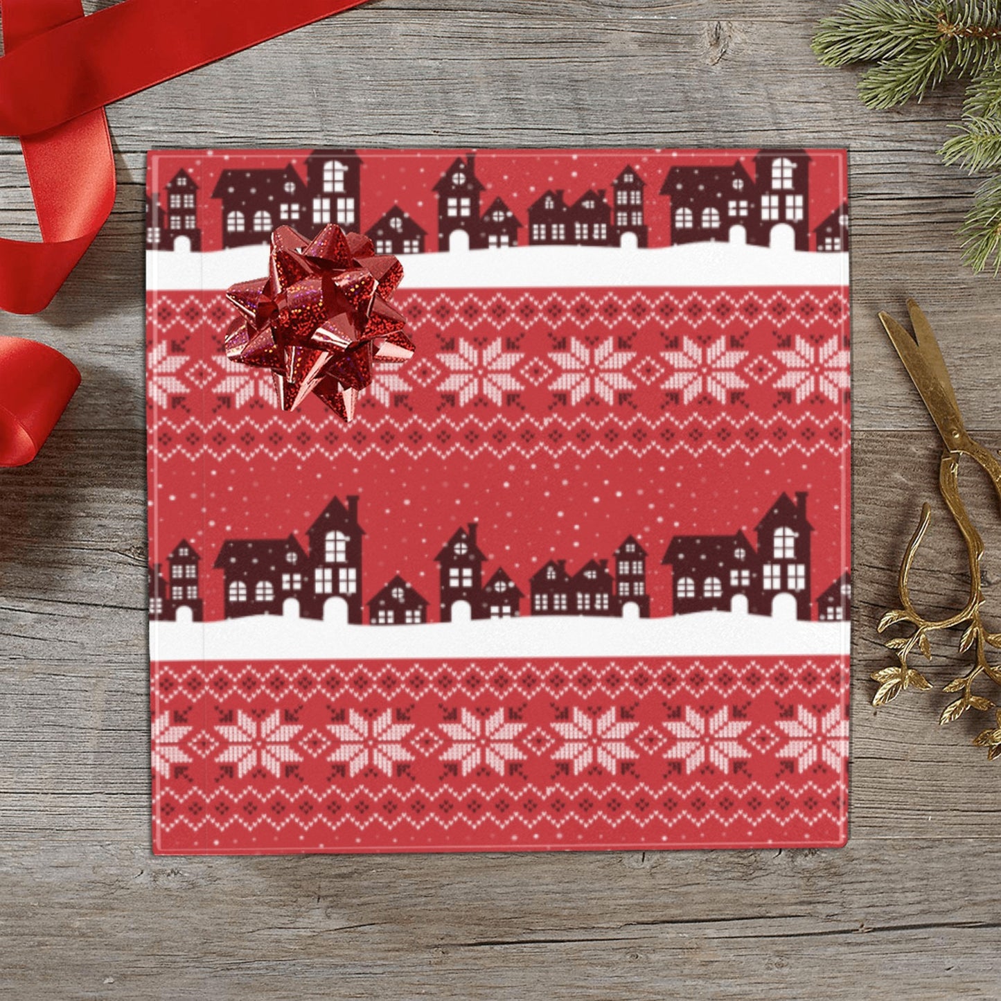 Red Building Christmas Gift Wrapping Paper 58"x 23" (3 Rolls)