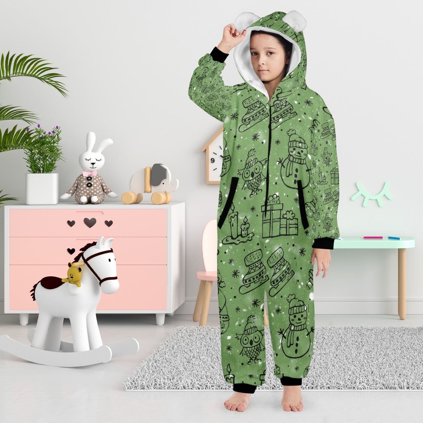 Green Christmas One-Piece Zip Up Hooded Pajamas for Big Kids