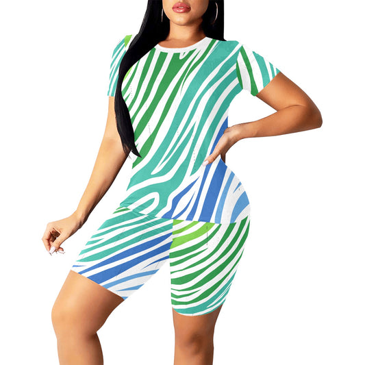 White Teal Zebra Women's Short Set