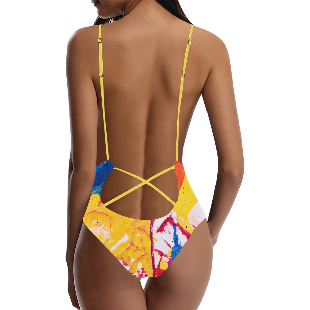 Mural Sexy Lace Backless One-Piece Swimsuit