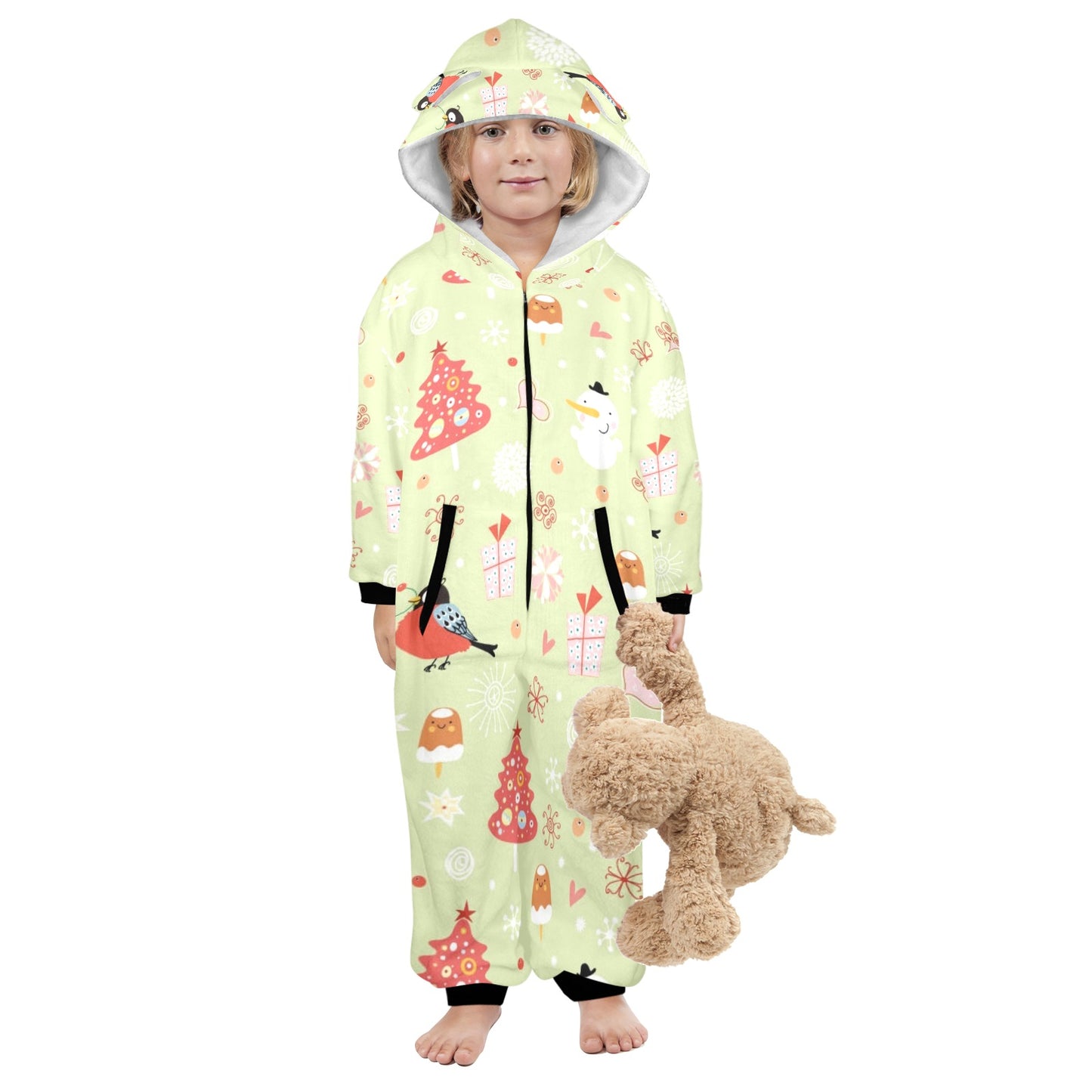 Merry Christmas One-Piece Zip up Hooded Pajamas for Little Kids