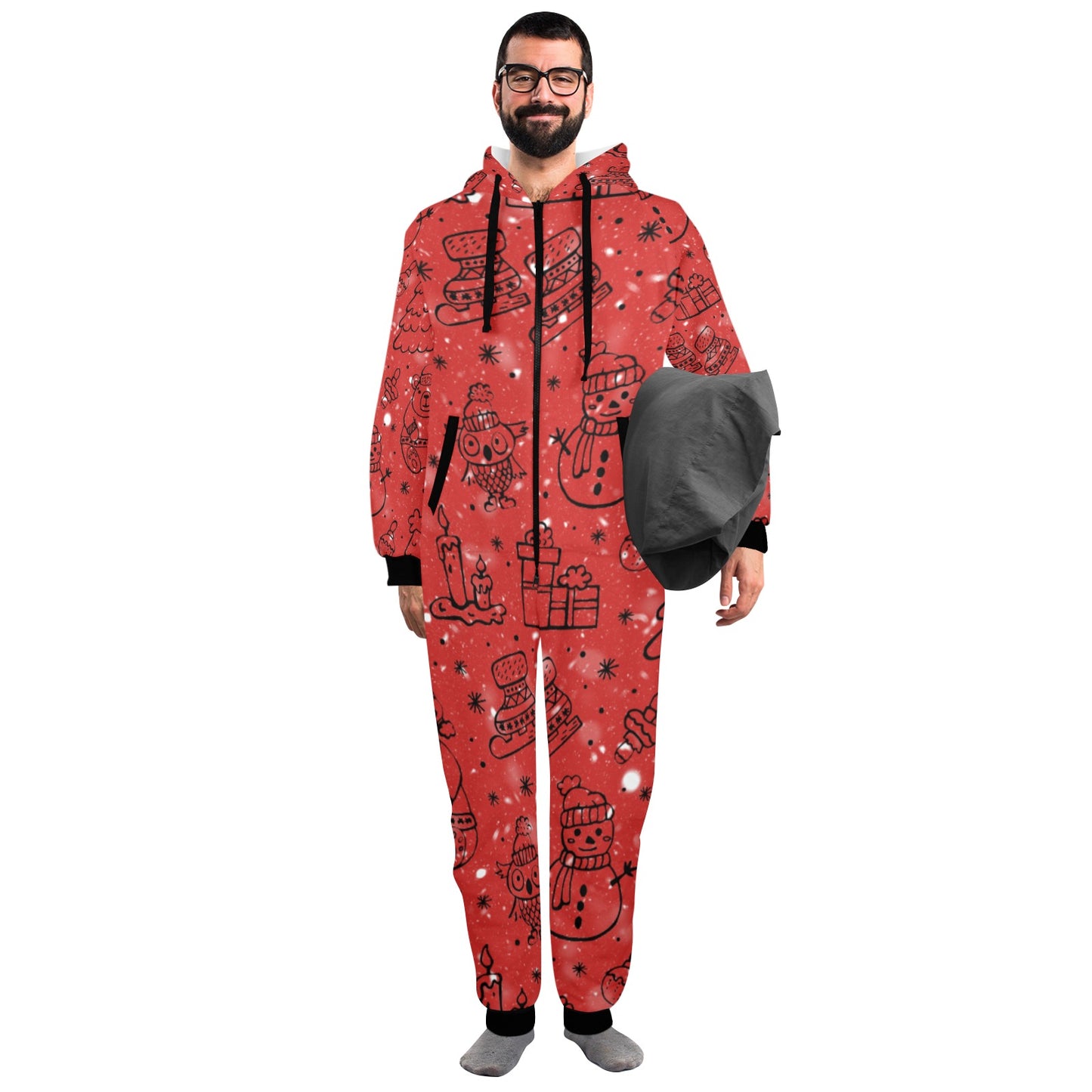 Red Christmas Unisex One-Piece Zip Up Hooded Pajamas