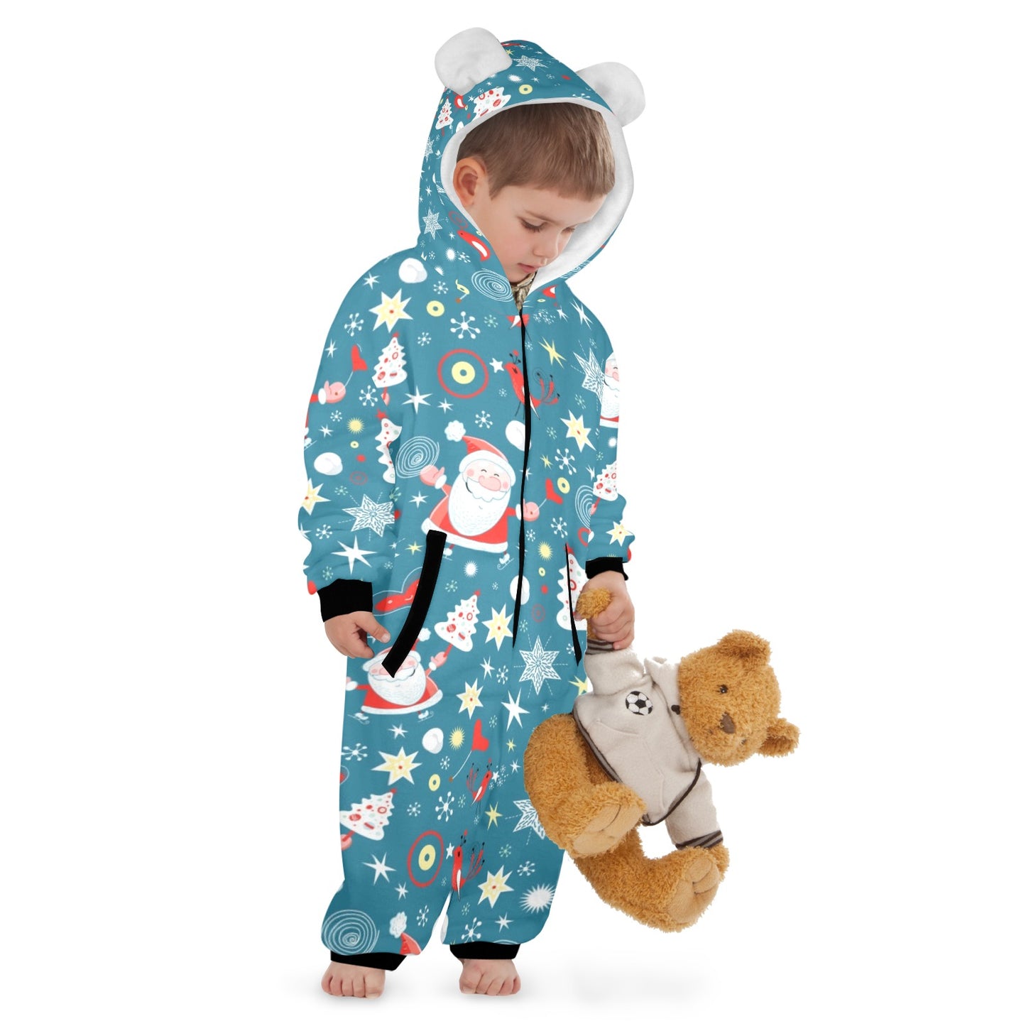 Merry Christmas One-Piece Zip up Hooded Pajamas for Little Kids