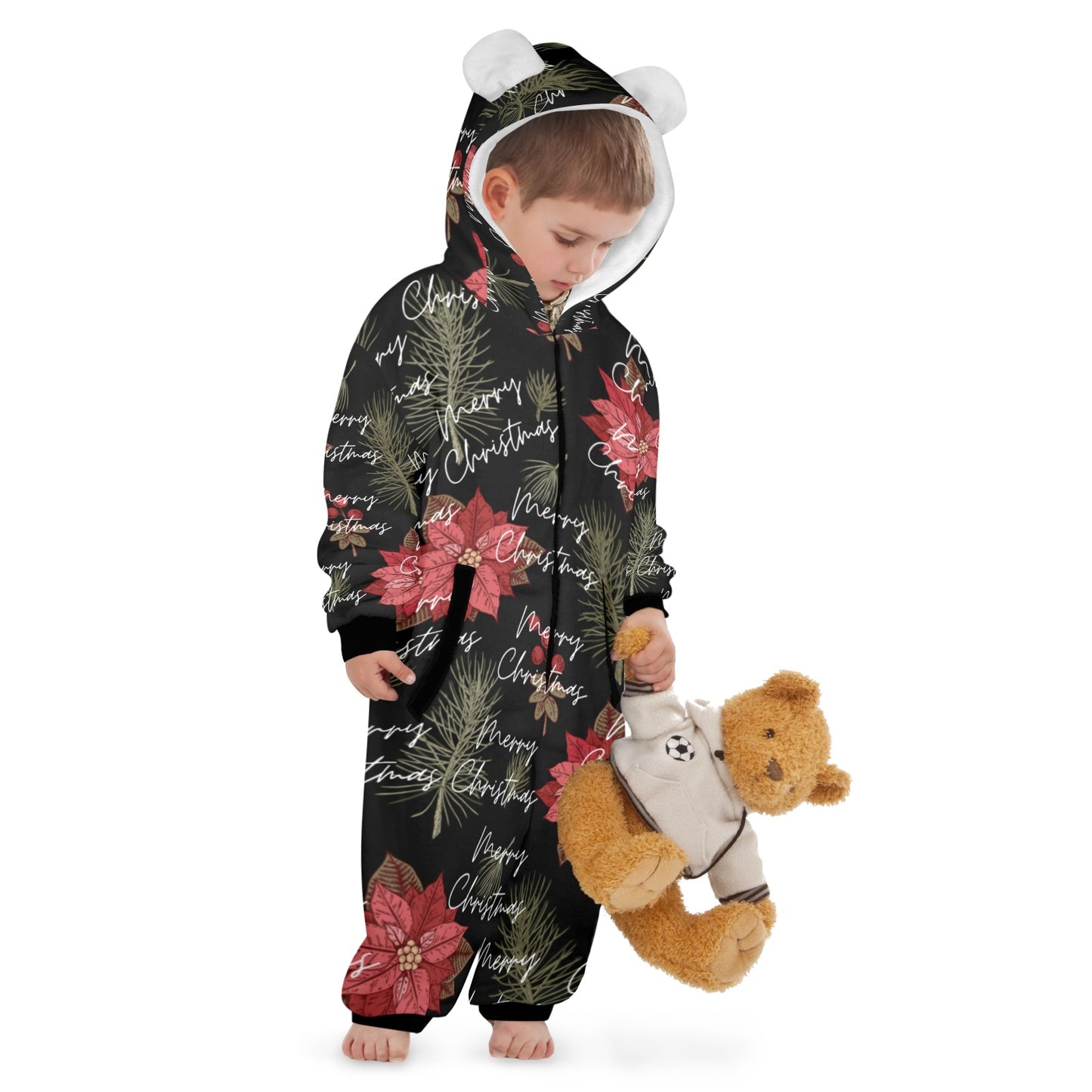 Merry Christmas One-Piece Zip up Hooded Pajamas for Little Kids