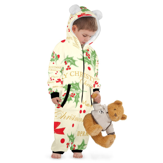 Merry Christmas One-Piece Zip up Hooded Pajamas for Little Kids