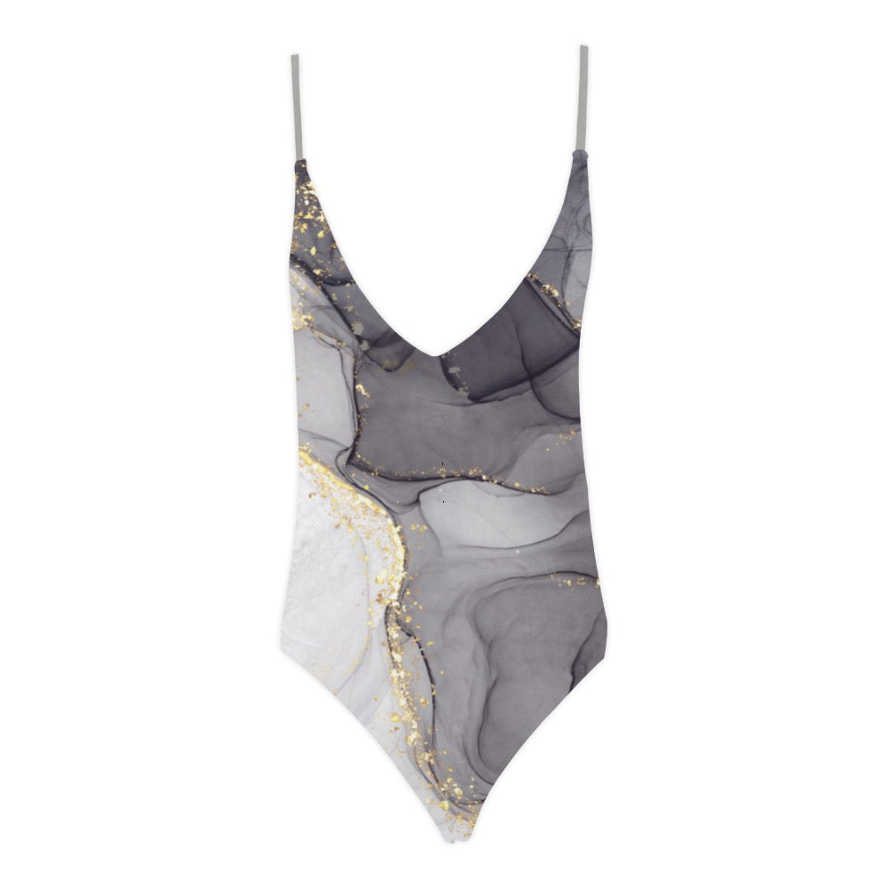 Grey Marble Sexy Lace Backless One-Piece Swimsuit