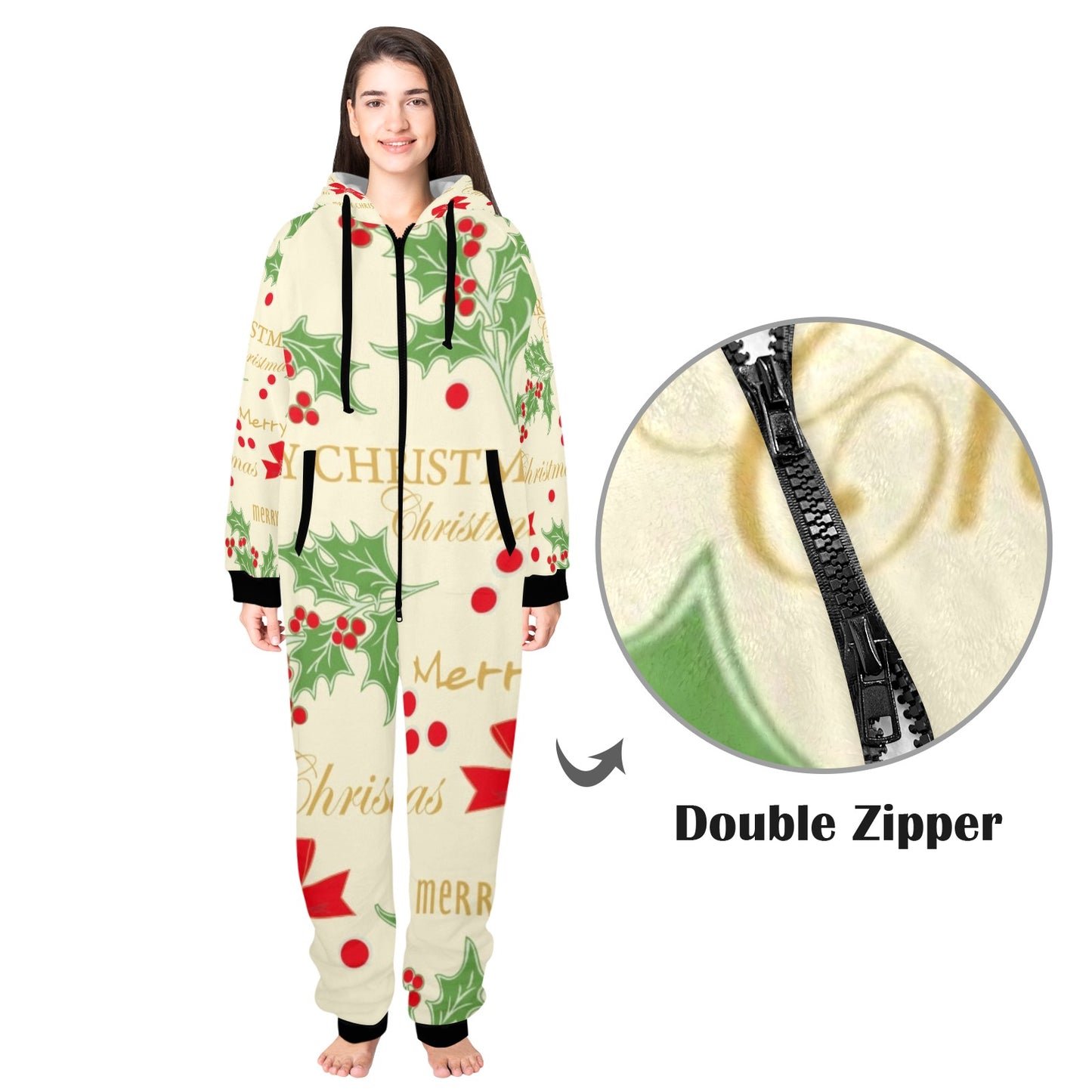 Merry Christmas Unisex One-Piece Zip Up Hooded Pajamas