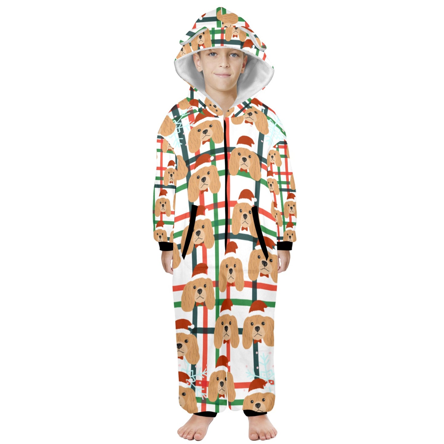 Santa Dog Christmas One-Piece Zip Up Hooded Pajamas for Big Kids