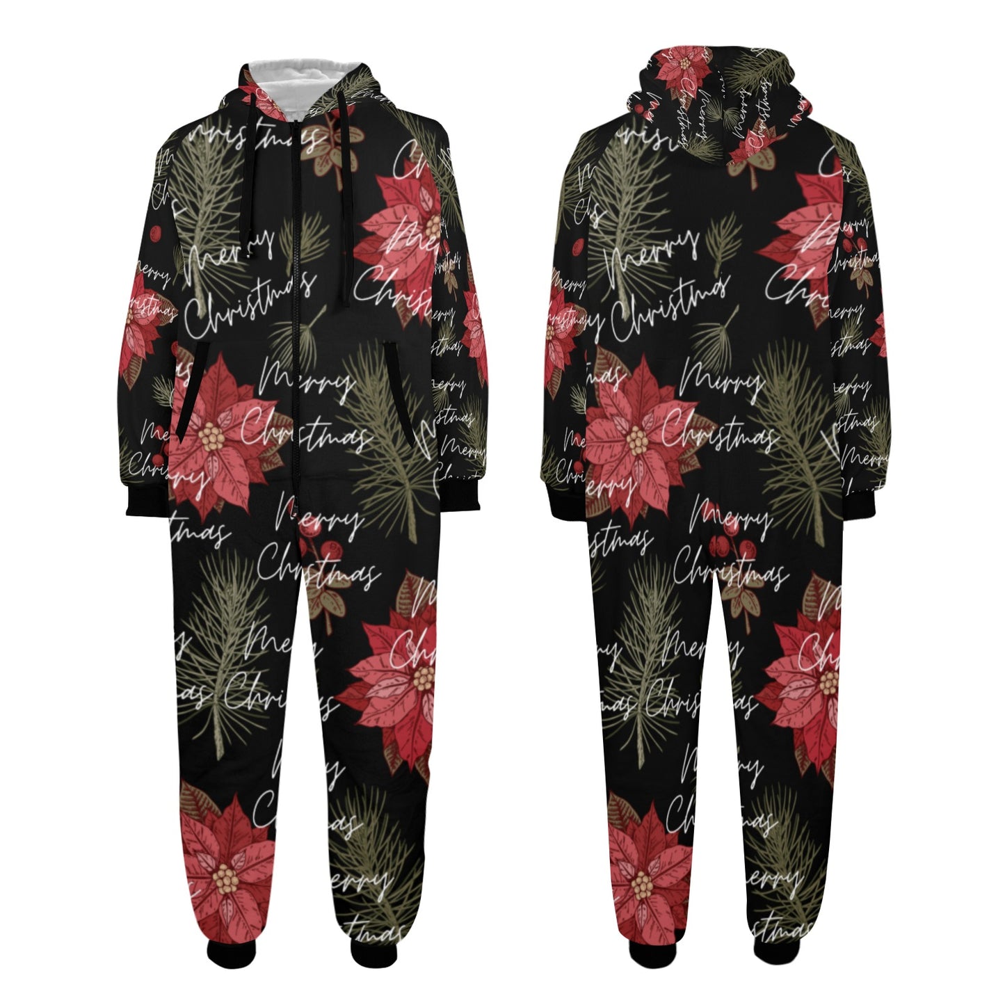 Merry Christmas Unisex One-Piece Zip Up Hooded Pajamas