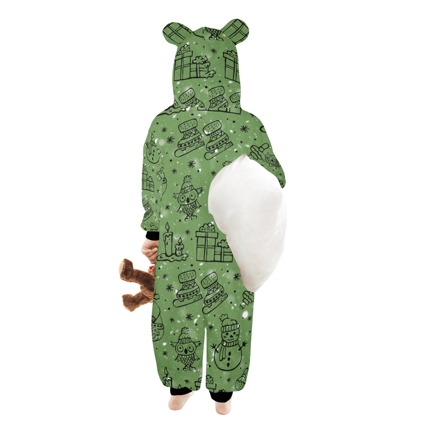 Green Christmas One-Piece Zip up Hooded Pajamas for Little Kids