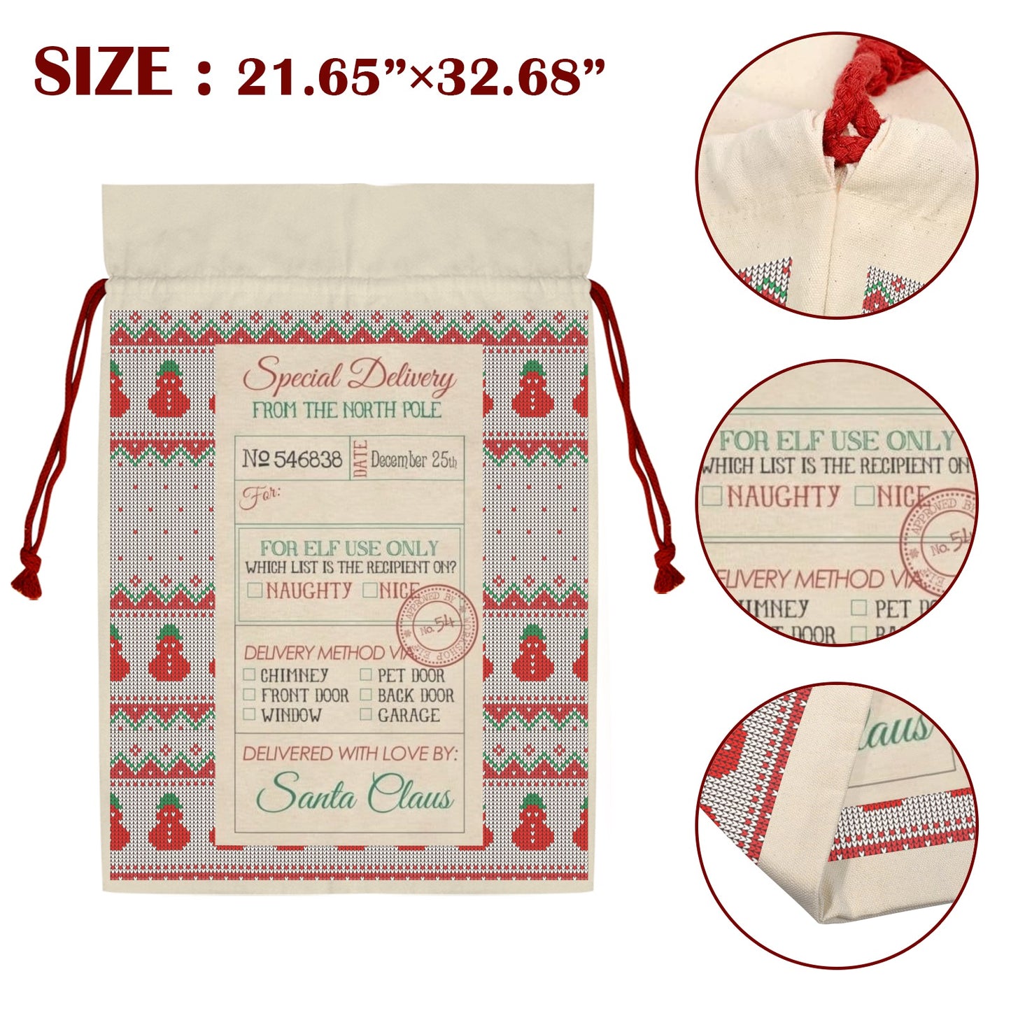 CHRISTMAS - Santa Sack Santa Claus Drawstring Bag 21"x32"