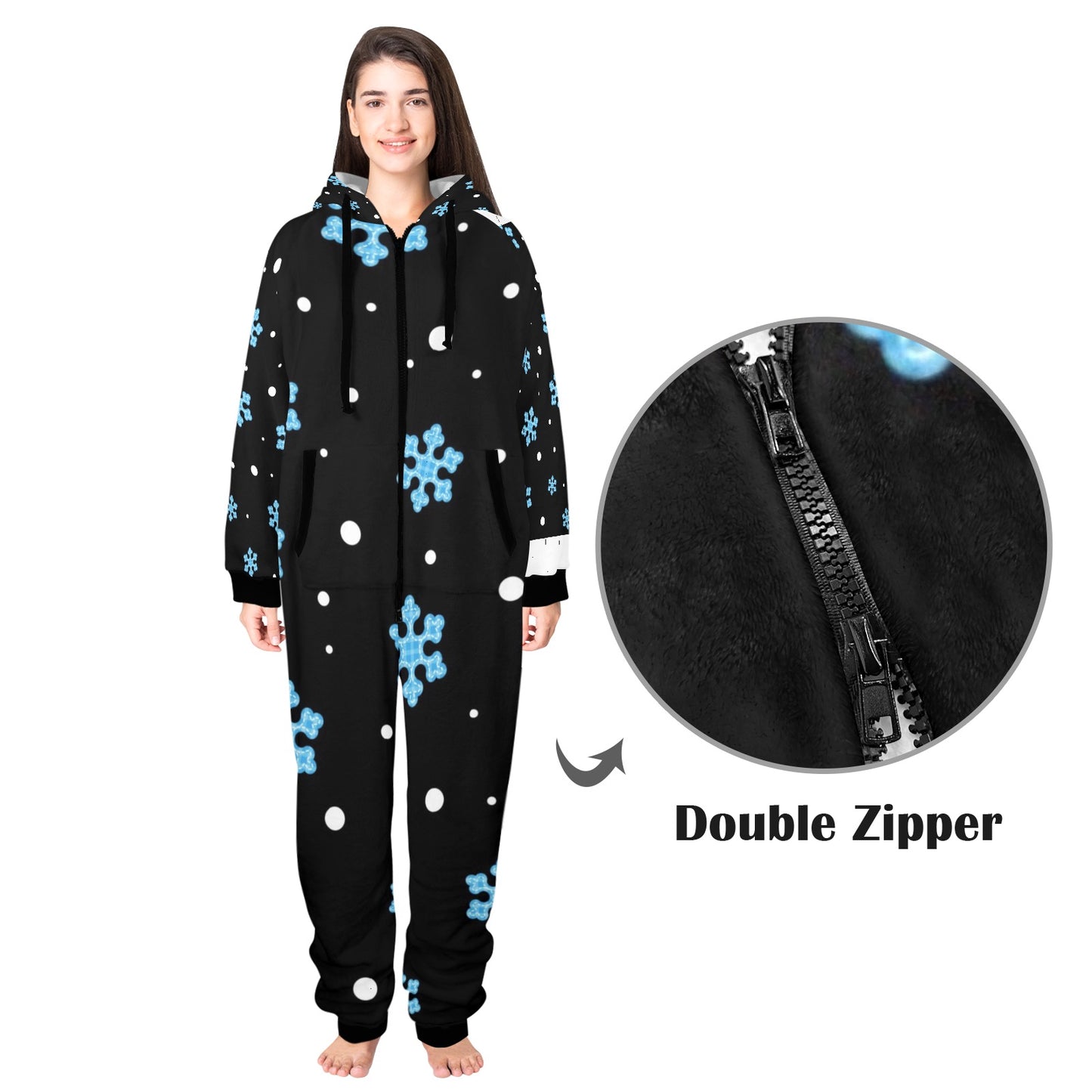 Night Snow Christmas Unisex One-Piece Zip Up Hooded Pajamas